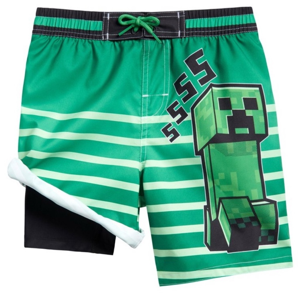 Vibrant Green and Black Minecraft  Swim Trunks with Pixelated Design size 10/12